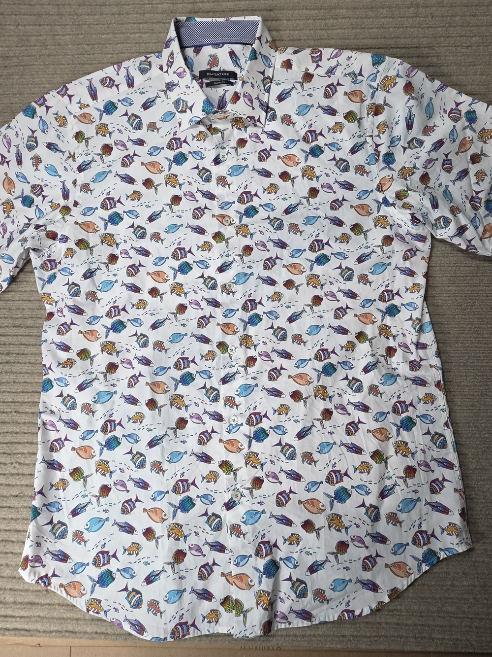 BUGATCHI Shirt Fish Print Short Sleeve Button Up Mens Large